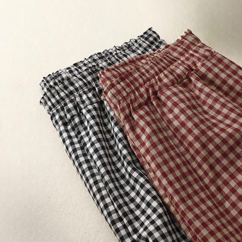 Buddha Stones Sommerliche karierte, knöchellange Damenhose mit elastischem Bund und Taschen - image 17