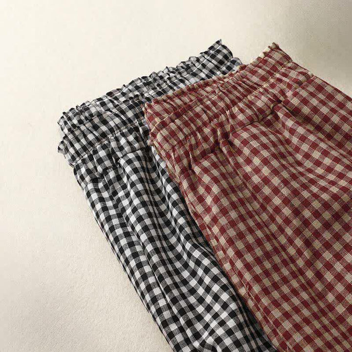 Buddha Stones Sommerliche karierte, knöchellange Damenhose mit elastischem Bund und Taschen - image 17