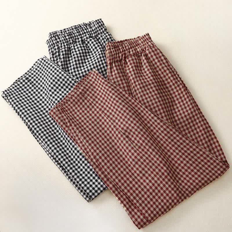 Buddha Stones Sommerliche karierte, knöchellange Damenhose mit elastischem Bund und Taschen - image 15