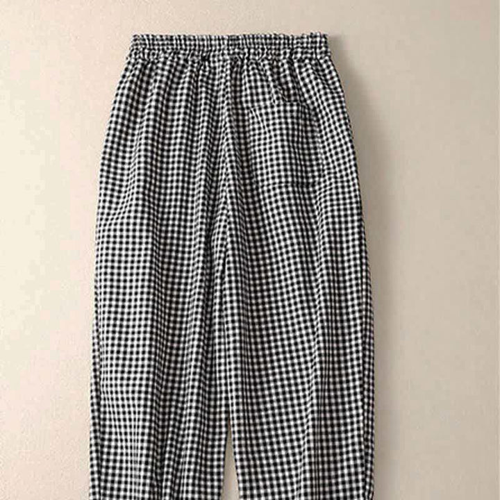Buddha Stones Sommerliche karierte, knöchellange Damenhose mit elastischem Bund und Taschen - image 7