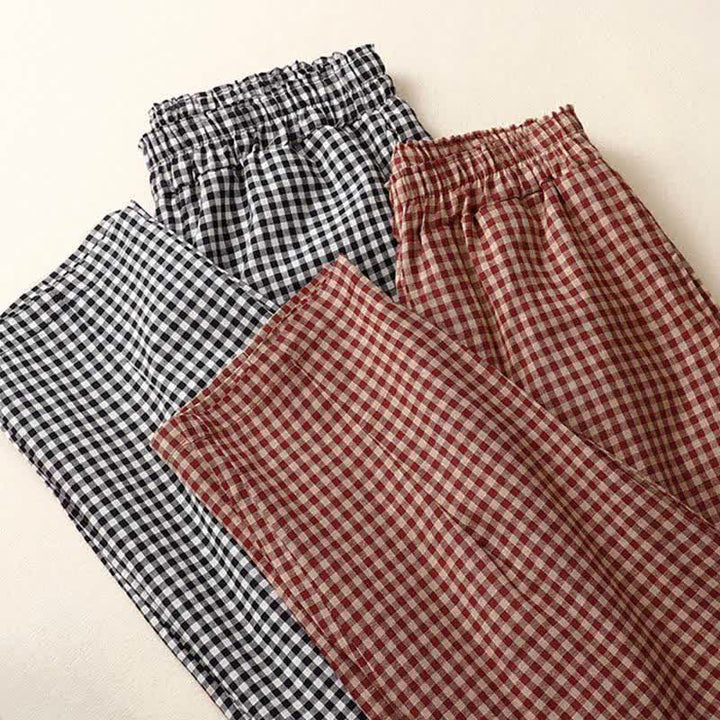 Buddha Stones Sommerliche karierte, knöchellange Damenhose mit elastischem Bund und Taschen - image 16