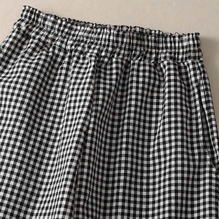 Buddha Stones Sommerliche karierte, knöchellange Damenhose mit elastischem Bund und Taschen - image 8