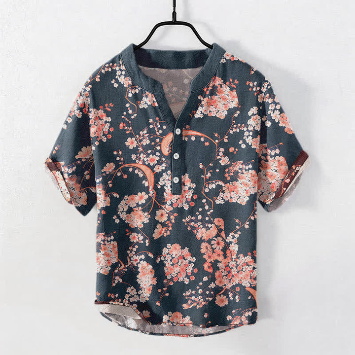 Buddha Stones Baumwollhemd, rosa mit Blumenmuster, Henley-Stil, Kurzarm, halbe Knopfleiste, Herren, Kurzarm, Herrenhemd ... Henley-Stil, rosa, mit halber Knopfleiste - Dunkelgrau - US/ UK/AU50, EU60 (5XL) - image 0