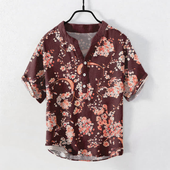 Buddha Stones Baumwollhemd, rosa mit Blumenmuster, Henley-Stil, Kurzarm, halbe Knopfleiste, Herren, Kurzarm, Herrenhemd ... Henley-Stil, rosa, mit halber Knopfleiste - Dunkelrot - US/ UK/AU50, EU60 (5XL) - image 5