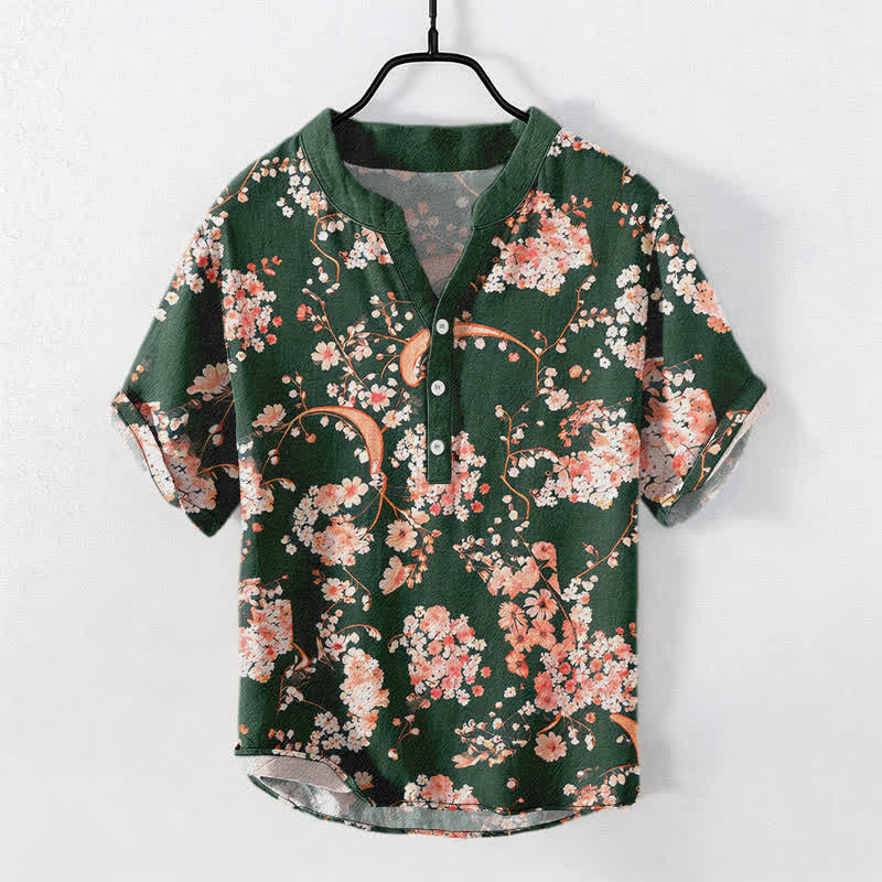 Buddha Stones Baumwollhemd, rosa mit Blumenmuster, Henley-Stil, Kurzarm, halbe Knopfleiste, Herren, Kurzarm, Herrenhemd ... Henley-Stil, rosa, mit halber Knopfleiste - Dunkelgrün - US/ UK/AU50, EU60 (5XL) - image 10