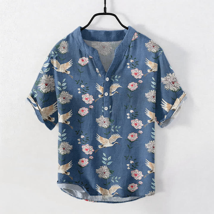 Buddha Stones Baumwollhemd für Herren mit Kranich-Blumenmuster, Kurzarm, halbe Knopfleiste - SteelBlue - US/ UK/AU50, EU60 (5XL) - image 0