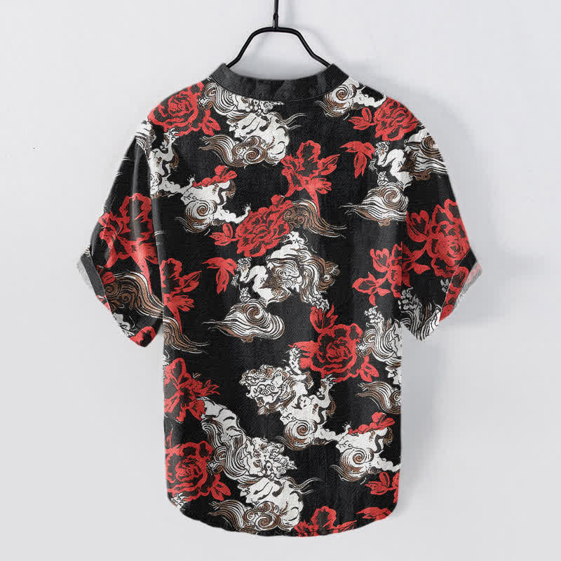 Buddha Stones Herren-Henley-Hemd mit roten Ärmeln und halbem Knopfverschluss aus Baumwolle mit Blumen- und Wolkenmuster. - image 1