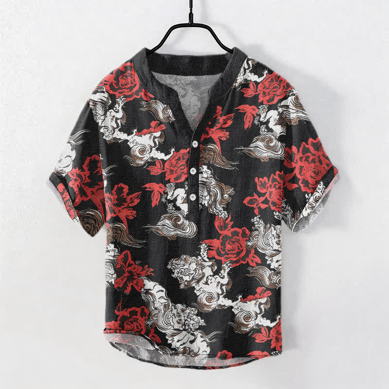 Buddha Stones Herren-Henley-Hemd mit roten Ärmeln und halbem Knopfverschluss aus Baumwolle mit Blumen- und Wolkenmuster. - Schwarz - US/ UK/AU50, EU60 (5XL) - image 0