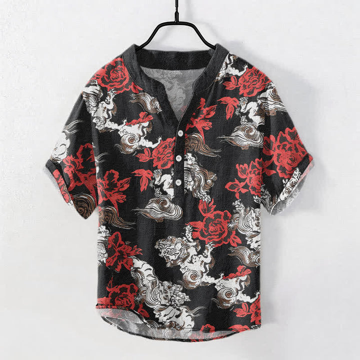 Buddha Stones Herren-Henley-Hemd mit roten Ärmeln und halbem Knopfverschluss aus Baumwolle mit Blumen- und Wolkenmuster. - Schwarz - US/ UK/AU50, EU60 (5XL) - image 0