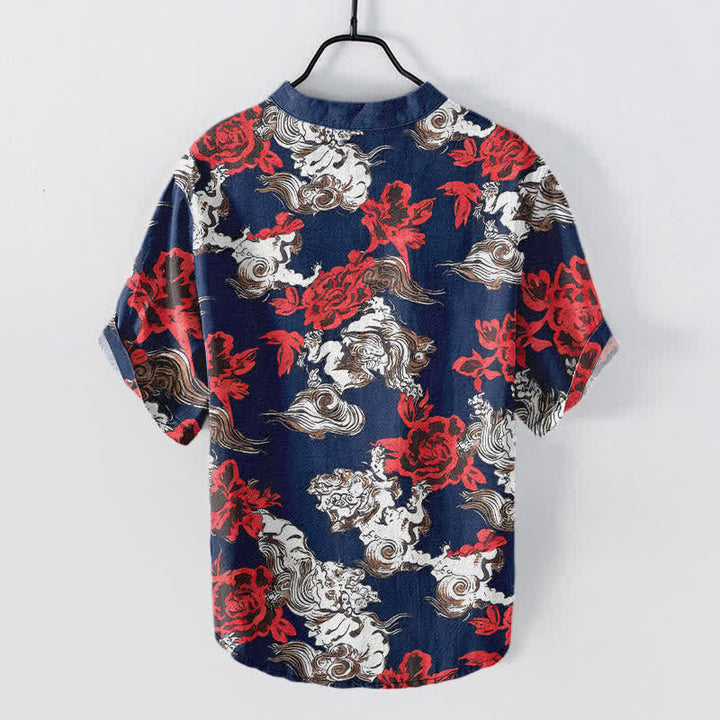 Buddha Stones Herren-Henley-Hemd mit roten Ärmeln und halbem Knopfverschluss aus Baumwolle mit Blumen- und Wolkenmuster. - image 6