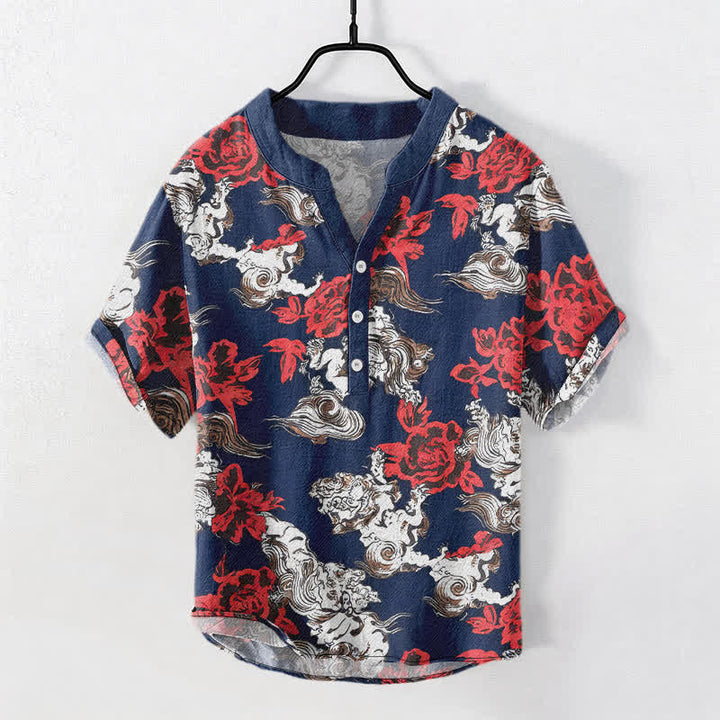 Buddha Stones Herren-Henley-Hemd mit roten Ärmeln und halbem Knopfverschluss aus Baumwolle mit Blumen- und Wolkenmuster. - Dunkelblau - US/ UK/AU50, EU60 (5XL) - image 5