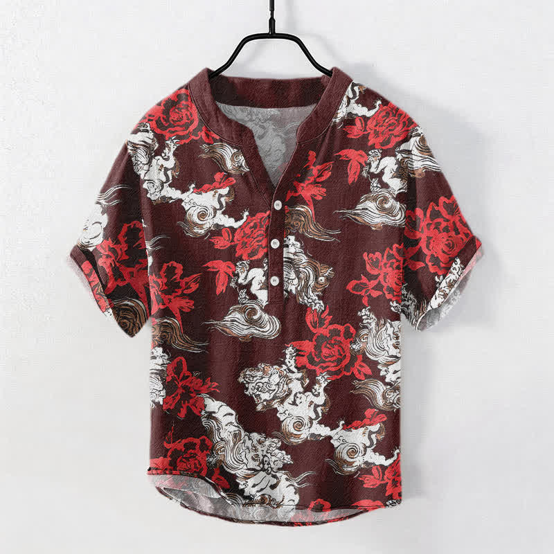 Buddha Stones Herren-Henley-Hemd mit roten Ärmeln und halbem Knopfverschluss aus Baumwolle mit Blumen- und Wolkenmuster. - Dunkelrot - US/ UK/AU50, EU60 (5XL) - image 10