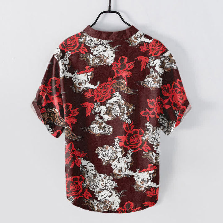 Buddha Stones Herren-Henley-Hemd mit roten Ärmeln und halbem Knopfverschluss aus Baumwolle mit Blumen- und Wolkenmuster. - image 11