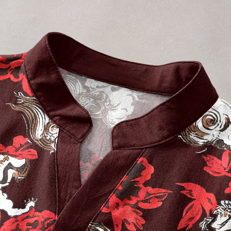 Buddha Stones Herren-Henley-Hemd mit roten Ärmeln und halbem Knopfverschluss aus Baumwolle mit Blumen- und Wolkenmuster. - image 12