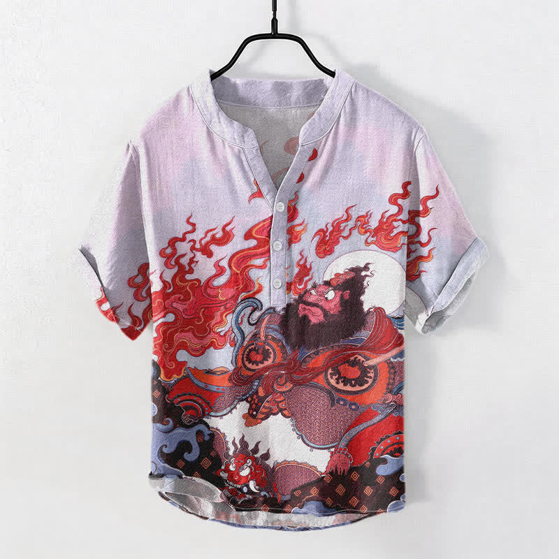 Buddha Stones Kurzarmhemd aus Baumwolle mit mythischem Flammenmuster für Herren, halb geknöpft - Distel - US/ UK/AU50, EU60 (5XL) - image 3