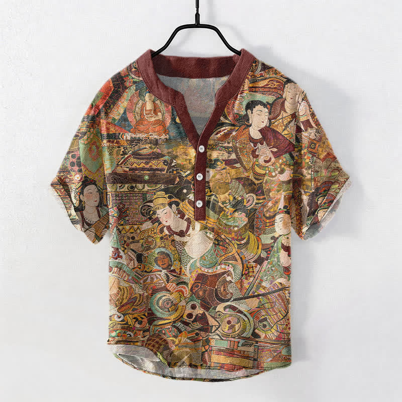 Buddha Stones Herren-Kurzarmhemd aus Baumwolle mit Porträtdruck und halber Knopfleiste - Dunkelrot - US/ UK/AU50, EU60 (5XL) - image 0