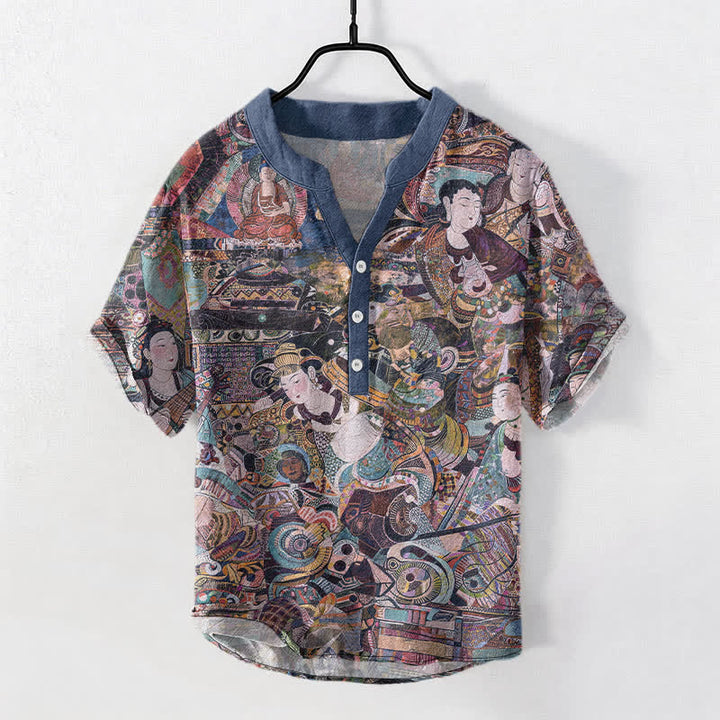 Buddha Stones Herren-Kurzarmhemd aus Baumwolle mit Porträtdruck und halber Knopfleiste - SteelBlue - US/ UK/AU50, EU60 (5XL) - image 5
