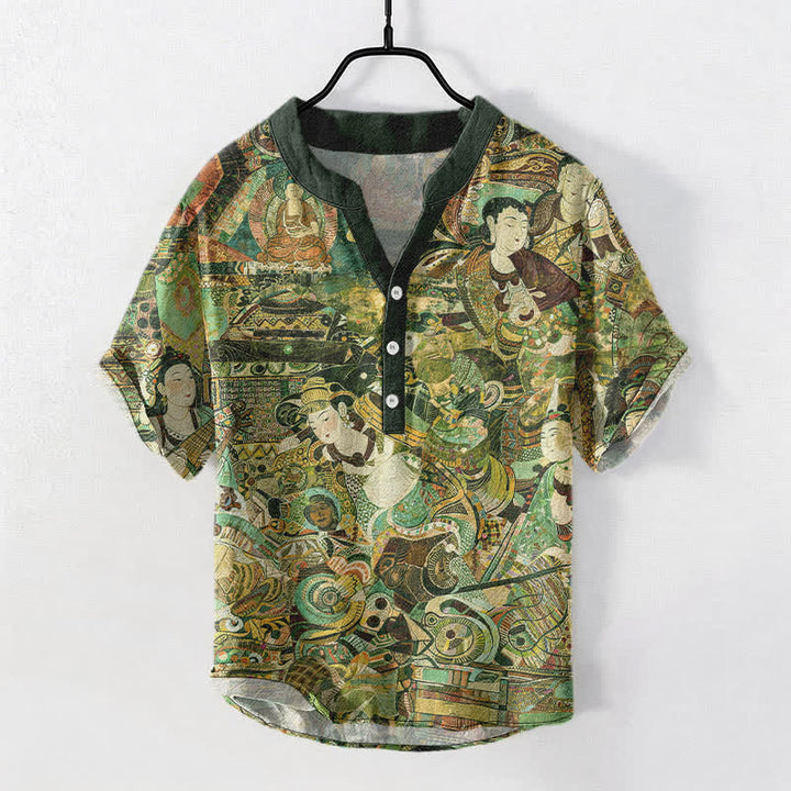 Buddha Stones Herren-Kurzarmhemd aus Baumwolle mit Porträtdruck und halber Knopfleiste - Dunkelgrün - US/ UK/AU50, EU60 (5XL) - image 7