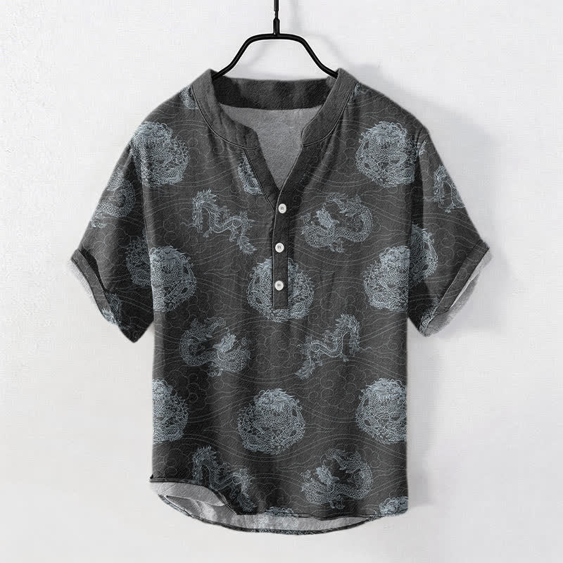 Buddha Stones Kurzarmhemd aus Baumwolle mit Drachenmuster und halber Knopfleiste - DimGray - US/ UK/AU50, EU60 (5XL) - image 7
