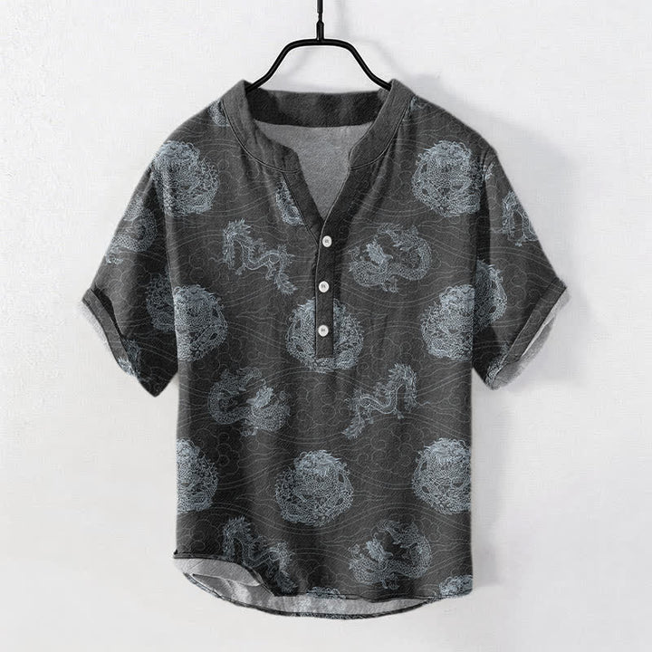 Buddha Stones Kurzarmhemd aus Baumwolle mit Drachenmuster und halber Knopfleiste - DimGray - US/ UK/AU50, EU60 (5XL) - image 7