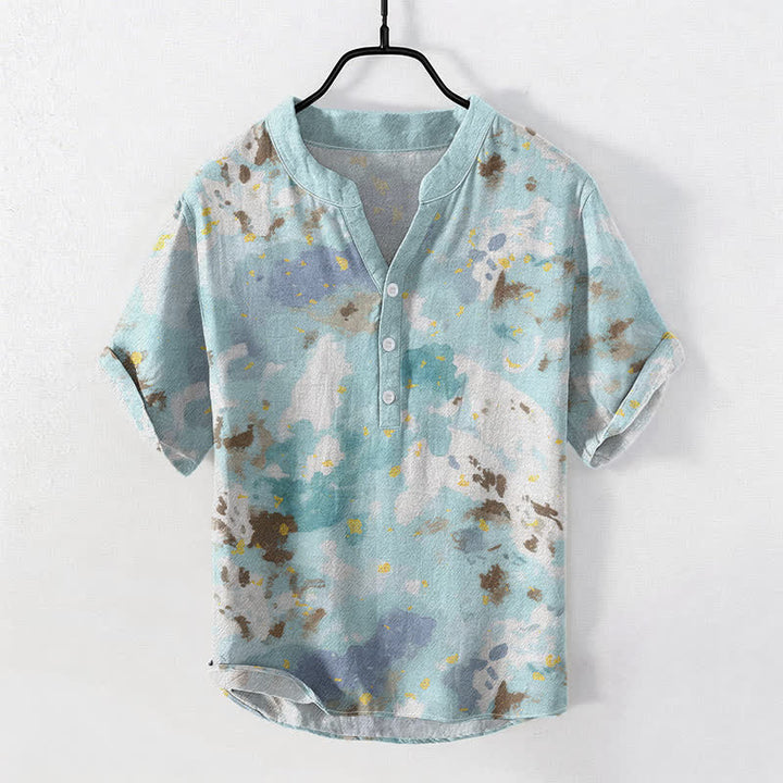 Buddha Stones Baumwollhemd mit Aquarellmuster, Kurzarm, halbe Knopfleiste, Herren - Helltürkis - US/UK/AU50, EU60 (5XL) - image 0