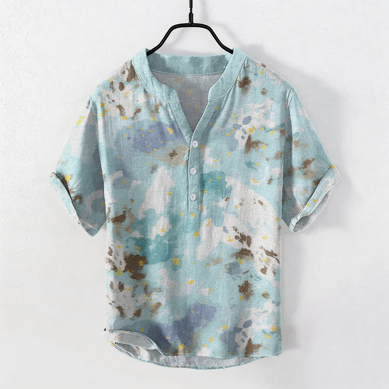 Buddha Stones Baumwollhemd mit Aquarellmuster, Kurzarm, halbe Knopfleiste, Herren - Helltürkis - US/UK/AU50, EU60 (5XL) - image 0