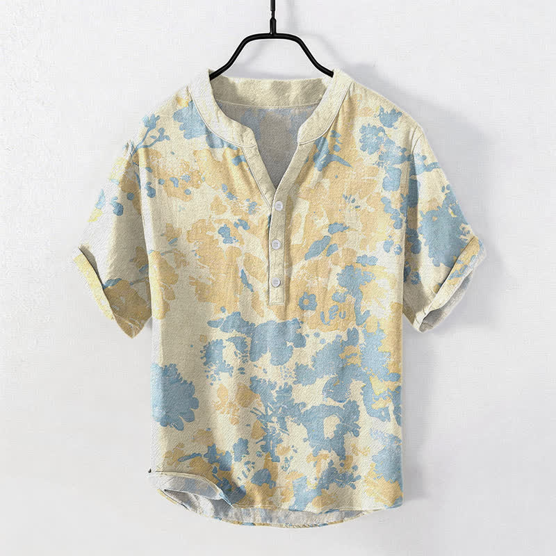 Buddha Stones Herren-Henley-Hemd aus Baumwolle mit Aquarell-Blumenmuster, kurzen Ärmeln und halber Knopfleiste - Hellgoldgelb - US/ UK/AU50, EU60 (5XL) - image 0