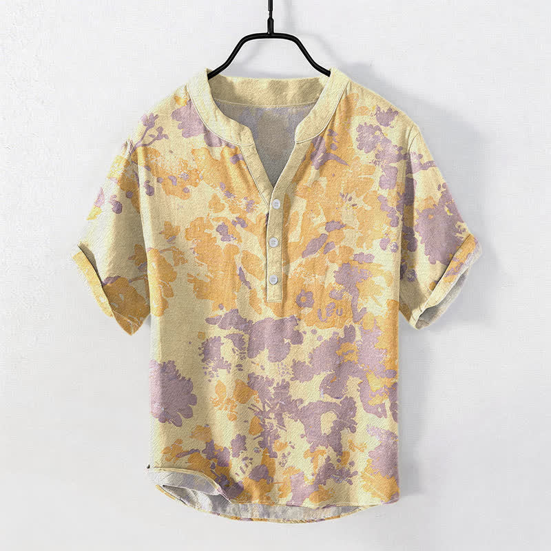 Buddha Stones Herren-Henley-Hemd aus Baumwolle mit Aquarell-Blumenmuster, kurzen Ärmeln und halber Knopfleiste - Khaki - US/ UK/AU50, EU60 (5XL) - image 3