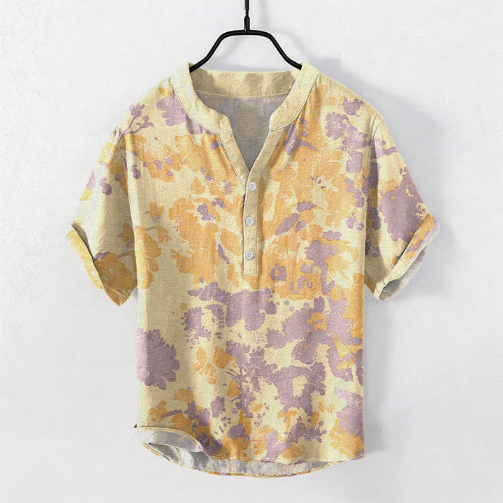 Buddha Stones Herren-Henley-Hemd aus Baumwolle mit Aquarell-Blumenmuster, kurzen Ärmeln und halber Knopfleiste - Khaki - US/ UK/AU50, EU60 (5XL) - image 3