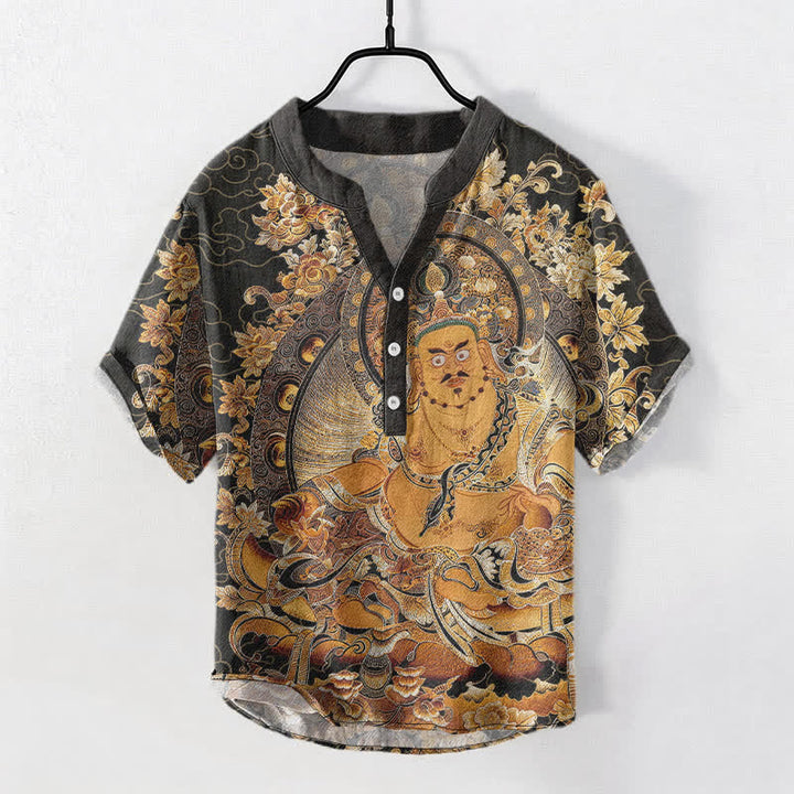 Buddha Stones Baumwollhemd mit goldenem Buddha-Blumenmuster, kurzen Ärmeln und halber Knopfleiste, Herrenhemd - Dunkelgrau - US/ UK/AU50, EU60 (5XL) - image 0