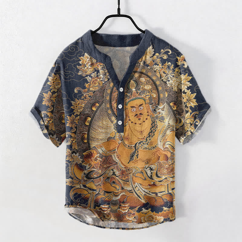 Buddha Stones Baumwollhemd mit goldenem Buddha-Blumenmuster, kurzen Ärmeln und halber Knopfleiste, Herrenhemd - Mitternachtsblau - US/ UK/AU50, EU60 (5XL) - image 5