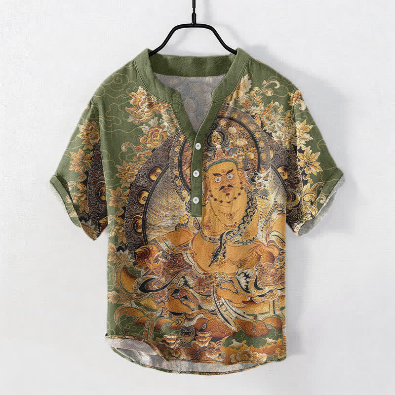 Buddha Stones Baumwollhemd mit goldenem Buddha-Blumenmuster, kurzen Ärmeln und halber Knopfleiste, Herrenhemd - Dunkelmeergrün - US/ UK/AU50, EU60 (5XL) - image 7