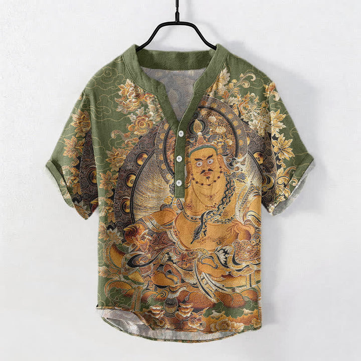 Buddha Stones Baumwollhemd mit goldenem Buddha-Blumenmuster, kurzen Ärmeln und halber Knopfleiste, Herrenhemd - Dunkelmeergrün - US/ UK/AU50, EU60 (5XL) - image 7