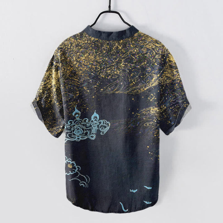 Buddha Stones Henley-Herrenhemd mit halben Ärmeln und halbem Knopfverschluss, inspiriert von der Galaxie und Baumwoll-Splatter-Farbgebung - image 1
