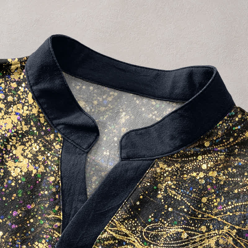 Buddha Stones Henley-Herrenhemd mit halben Ärmeln und halbem Knopfverschluss, inspiriert von der Galaxie und Baumwoll-Splatter-Farbgebung - image 2