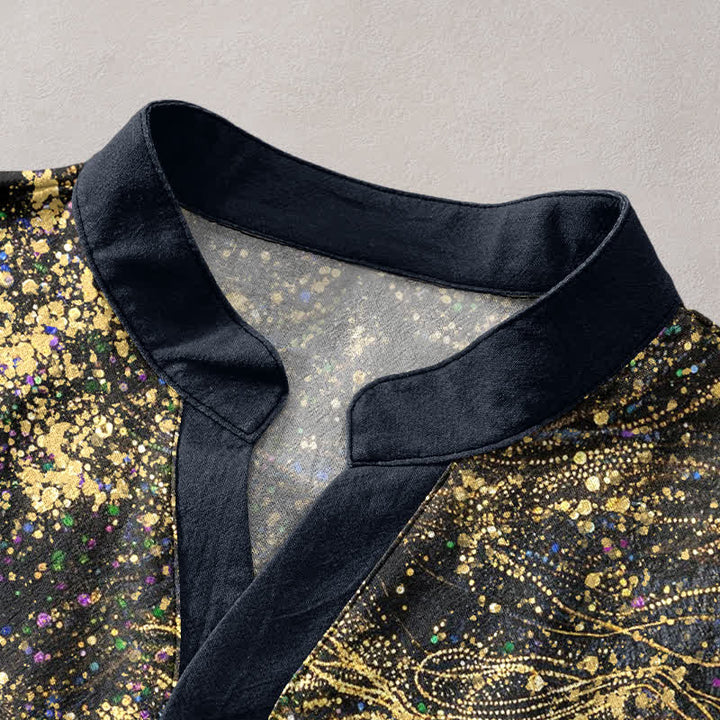 Buddha Stones Henley-Herrenhemd mit halben Ärmeln und halbem Knopfverschluss, inspiriert von der Galaxie und Baumwoll-Splatter-Farbgebung - image 2