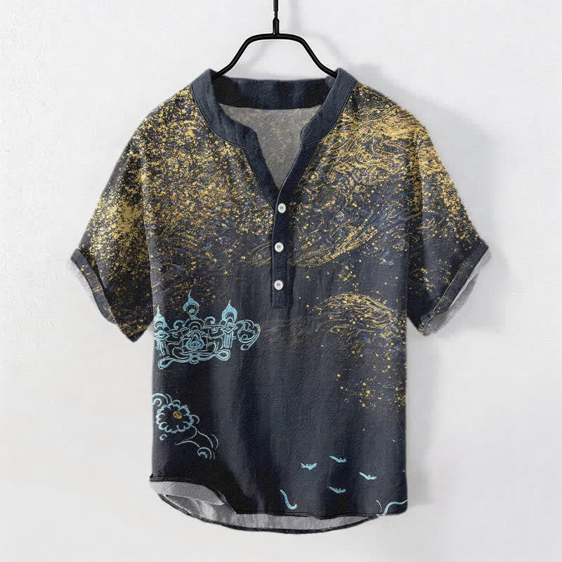 Buddha Stones Henley-Herrenhemd mit halben Ärmeln und halbem Knopfverschluss, inspiriert von der Galaxie und Baumwoll-Splatter-Farbgebung - Dunkelgrau - US/ UK/AU50, EU60 (5XL) - image 0