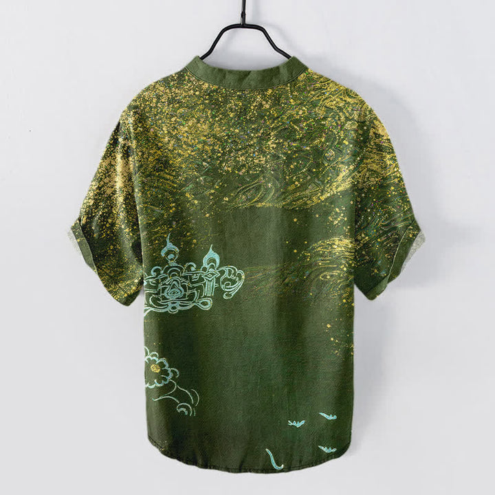 Buddha Stones Henley-Herrenhemd mit halben Ärmeln und halbem Knopfverschluss, inspiriert von der Galaxie und Baumwoll-Splatter-Farbgebung - image 6