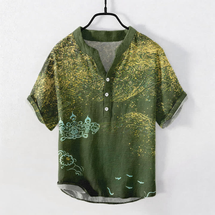 Buddha Stones Henley-Herrenhemd mit halben Ärmeln und halbem Knopfverschluss, inspiriert von der Galaxie und Baumwoll-Splatter-Farbgebung - Olivgrün - US/ UK/AU50, EU60 (5XL) - image 5
