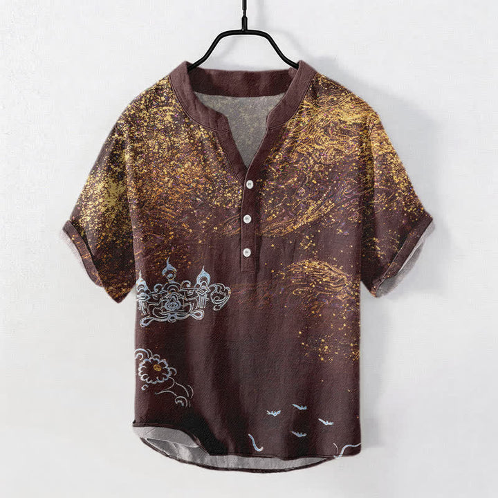 Buddha Stones Henley-Herrenhemd mit halben Ärmeln und halbem Knopfverschluss, inspiriert von der Galaxie und Baumwoll-Splatter-Farbgebung - Sattelbraun - US/ UK/AU50, EU60 (5XL) - image 7