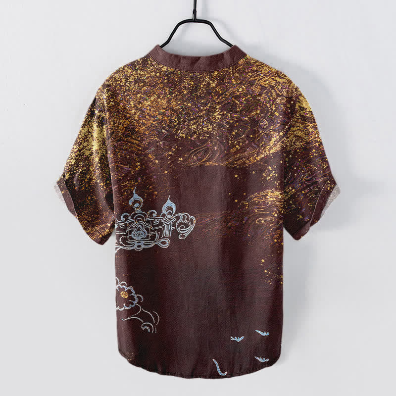 Buddha Stones Henley-Herrenhemd mit halben Ärmeln und halbem Knopfverschluss, inspiriert von der Galaxie und Baumwoll-Splatter-Farbgebung - image 8