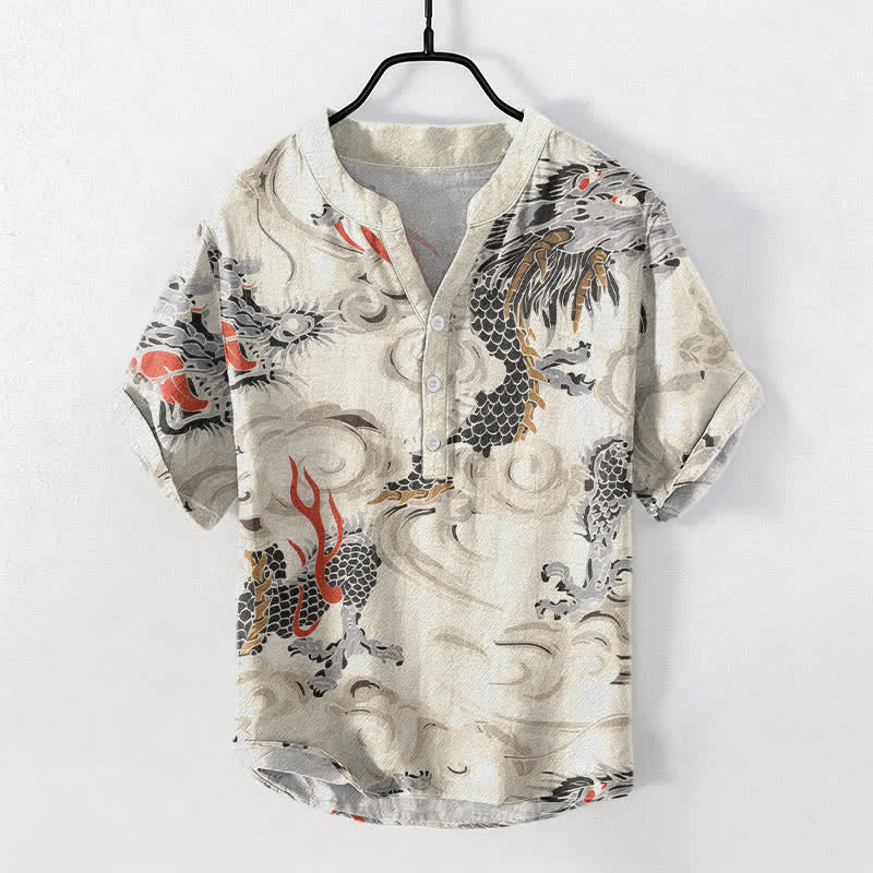 Buddha Stones Herren-Henley-Hemd mit Drachenprint, kurzen Ärmeln und halber Knopfleiste aus Baumwolle - Elfenbein - US/ UK/AU50, EU60 (5XL) - image 0