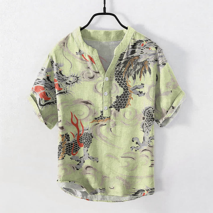Buddha Stones Herren-Henley-Hemd mit Drachenprint, kurzen Ärmeln und halber Knopfleiste aus Baumwolle - GrünGelb - US/ UK/AU50, EU60 (5XL) - image 3