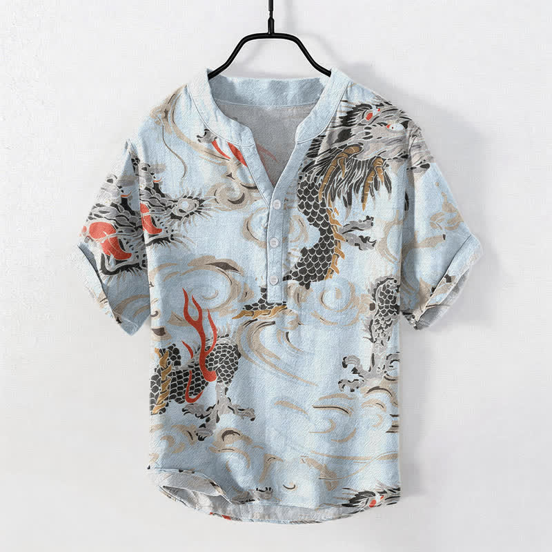Buddha Stones Herren-Henley-Hemd mit Drachenprint, kurzen Ärmeln und halber Knopfleiste aus Baumwolle - Hellblau - US/ UK/AU50, EU60 (5XL) - image 5