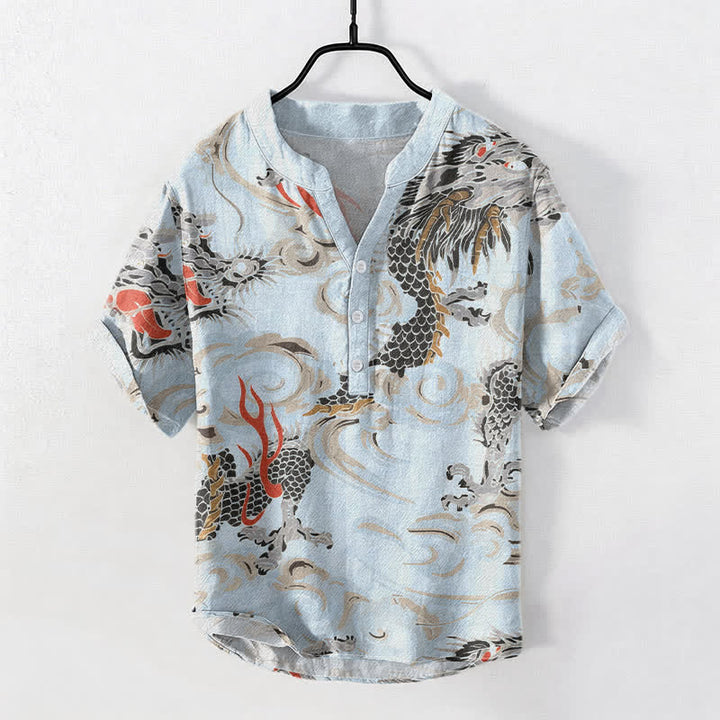 Buddha Stones Herren-Henley-Hemd mit Drachenprint, kurzen Ärmeln und halber Knopfleiste aus Baumwolle - Hellblau - US/ UK/AU50, EU60 (5XL) - image 5