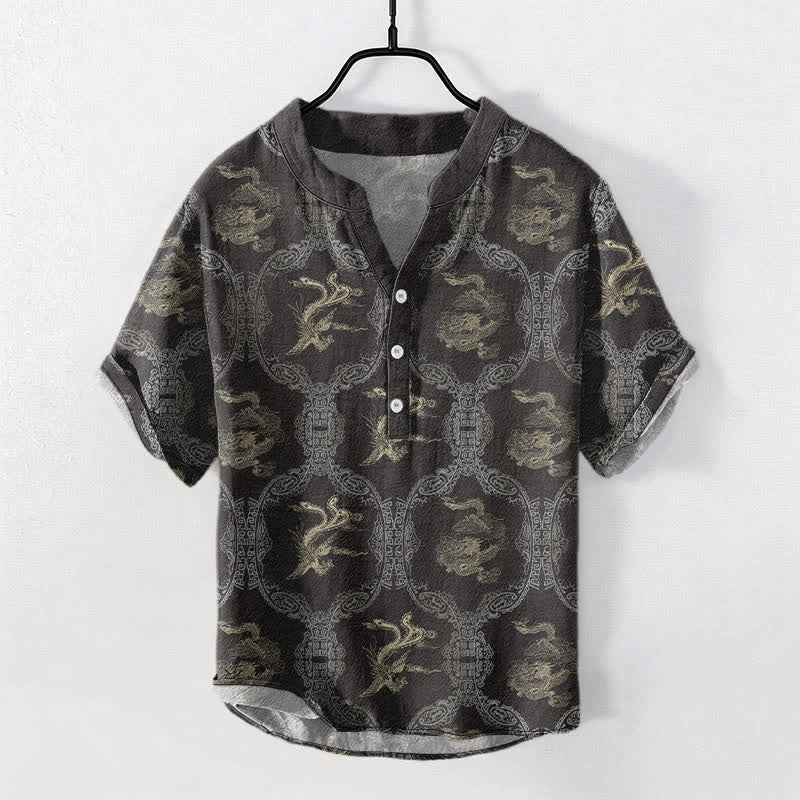 Buddha Stones Baumwollhemd mit Drachen- und Phönix-Emblem, Kurzarm, halbe Knopfleiste, Herren - DimGray - US/ UK/AU50, EU60 (5XL) - image 0