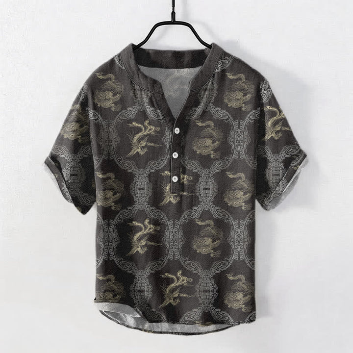 Buddha Stones Baumwollhemd mit Drachen- und Phönix-Emblem, Kurzarm, halbe Knopfleiste, Herren - DimGray - US/ UK/AU50, EU60 (5XL) - image 0