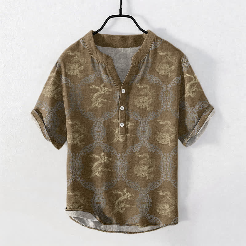 Buddha Stones Baumwollhemd mit Drachen- und Phönix-Emblem, Kurzarm, halbe Knopfleiste, Herren - Dunkelgoldenrod - US/ UK/AU50, EU60 (5XL) - image 4