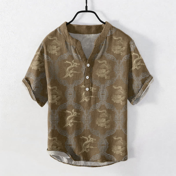 Buddha Stones Baumwollhemd mit Drachen- und Phönix-Emblem, Kurzarm, halbe Knopfleiste, Herren - Dunkelgoldenrod - US/ UK/AU50, EU60 (5XL) - image 4