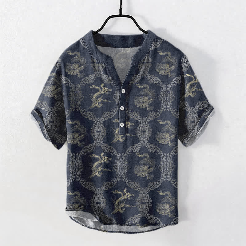 Buddha Stones Baumwollhemd mit Drachen- und Phönix-Emblem, Kurzarm, halbe Knopfleiste, Herren - Mitternachtsblau - US/ UK/AU50, EU60 (5XL) - image 6